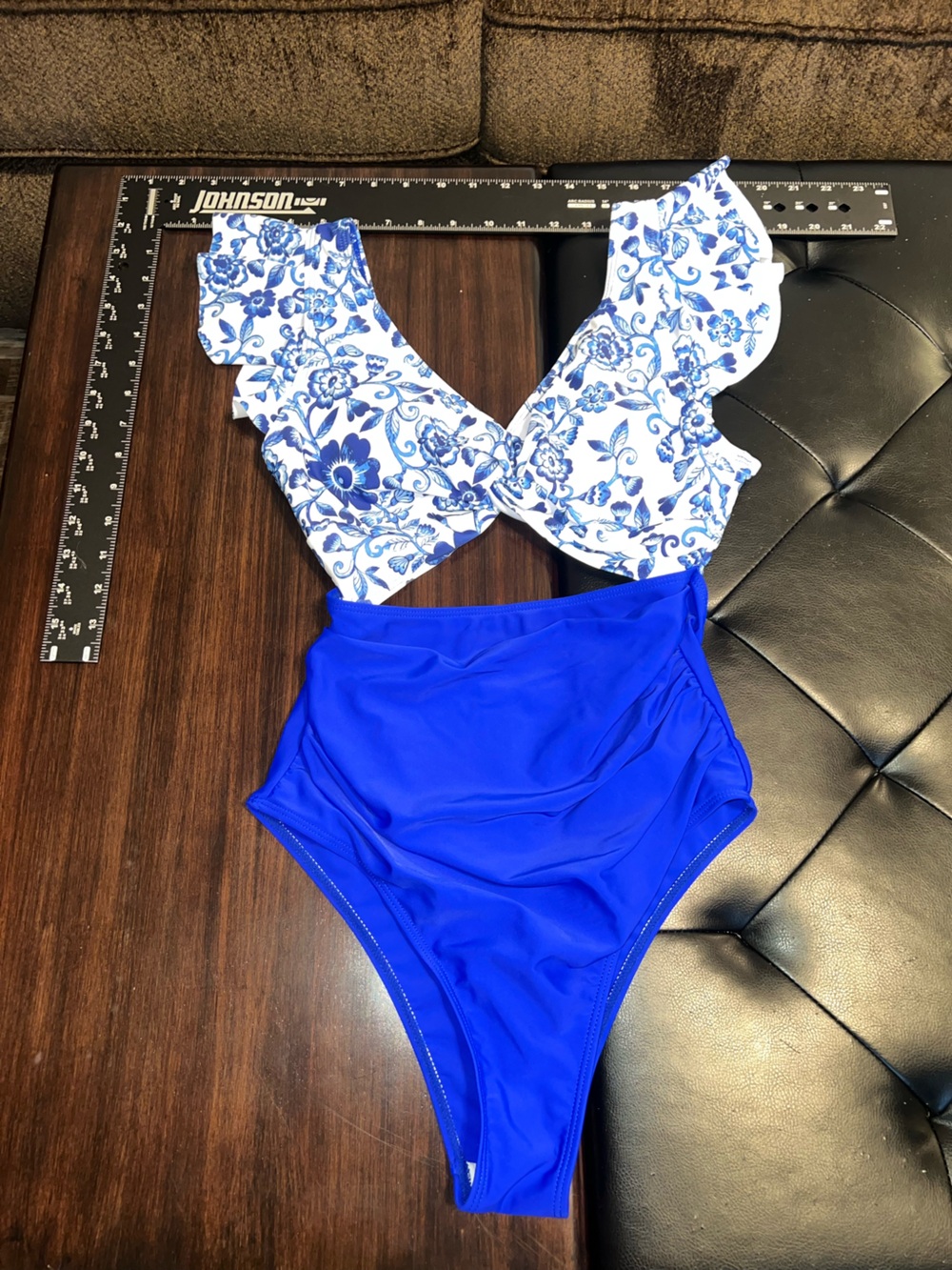 Floral Print & Royal Blue One-Piece Swimsuit Funny Flirty Feminine